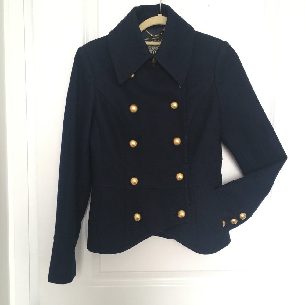 Guess Blue Coat Wool Blend With Gold Buttons Women's Size S